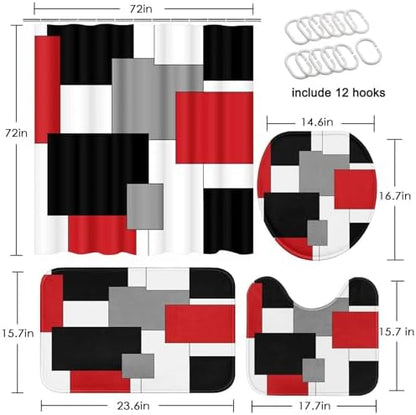 Bathroom Sets with Shower Curtain and Rugs, 4 Pcs, Red Geometric