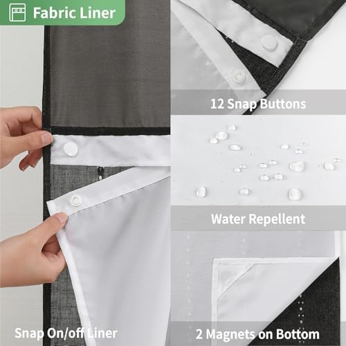 eachope Extra Long No Hook Shower Curtain with Snap-in Liner,71x86,Black