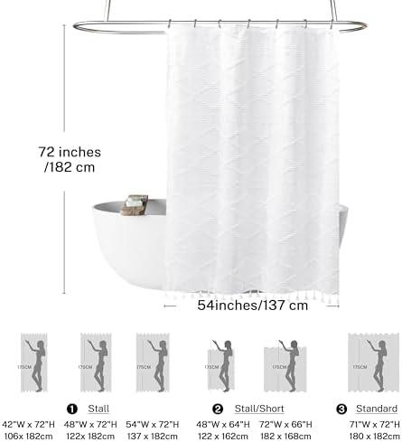 Stall Boho White Woven Fabric Shower Curtain with Tassels 54 x 72 Modern Farmhouse Minimalist Tufted Chevron Striped Shabby Chic Textured, Water Resistant Curtain for Bathroom, Hotel Decor