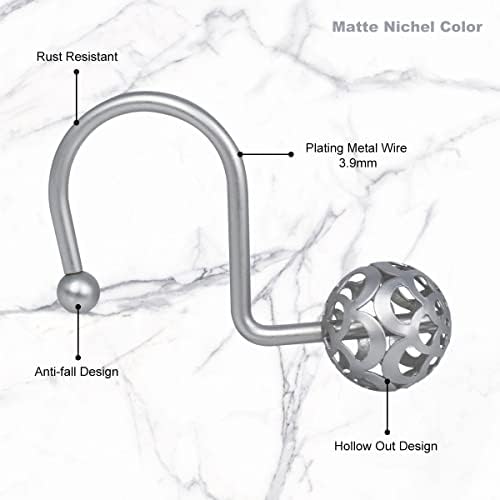 Gracelife 12Pcs Hollow Ball Shower Curtain Hooks Luxury Quality Rustproof Stainless Steel Shower Curtain Rings Hooks for Bathroom Rod (Nickel)