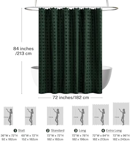 Extra Long Boho Farmhouse Shower Curtain Woven Fabric 84 Inch Dark Green Shower Curtain, 72 x 84 Tufted Pleat Floral Puffs Textured Modern Minimalist Hunter Green Shower Curtain Set for Bathroom