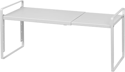 Nxconsu Expandable Cabinet Shelf Organizer Riser, 8.6" 1 Pack White | Heavy-Duty Steel Expandable Shelf Holds 50 lb, 5-Level Stackable Riser for Kitchen Cabinet Cupboard Pantry Counter Under Sink