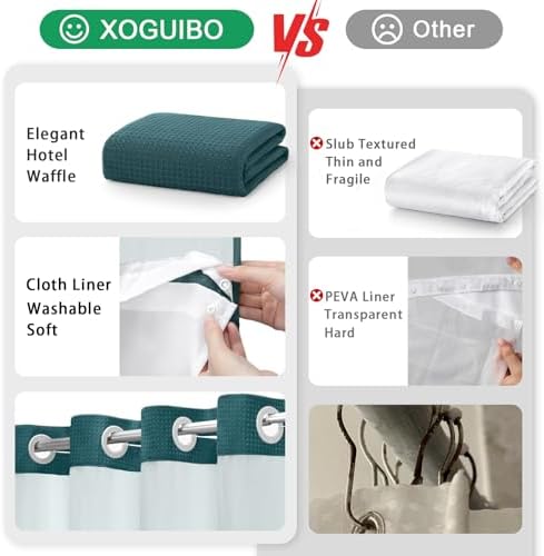 No Hook Shower Curtain with Liner Set Hotel Waffle Seaweed Green 72W X 75L