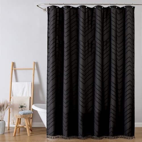 OWENIE Extra Long Black Boho Shower Curtain, Chic Tufted Chevron Striped Textured Fabric Cloth Shower Curtains with Tassel for Bathroom, Soft Hotel Style Farmhouse, Machine Washable, 72x84
