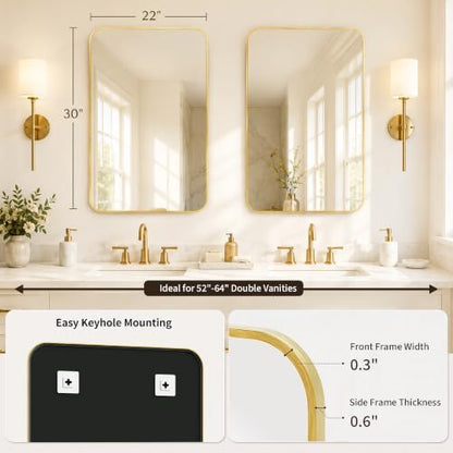 2-Pack 22x30 Inch Brushed Gold Rounded Rectangle Vanity Mirrors