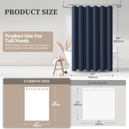 BTTN 72x80 Linen Textured Waterproof Fabric Shower Curtain Set, Navy Blue