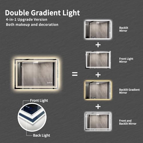 Bathroom Mirror, 44x30 Inch Gradient Front and Backlit Smart Mirror, 3 Colors Dimmable CRI>90 Double Lights, IP54 Enhanced Anti-Fog, Hanging Plates Wall Mount LED Mirror