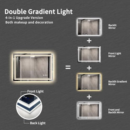 Bathroom Mirror, 44x30 Inch Gradient Front and Backlit Smart Mirror, 3 Colors Dimmable CRI>90 Double Lights, IP54 Enhanced Anti-Fog, Hanging Plates Wall Mount LED Mirror