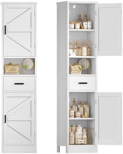 TEENFON 67" H Tall Bathroom Storage Cabinet with Barn Doors and Drawer