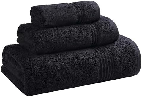 SUPERIOR Egyptian Cotton 3-Piece Towel Set, Basic Towels for Bathroom, Home Decor, Guest Bath, Shower, Apartment, Included 1 Face, 1 Hand, 1 Bath Towel, Washcloth, Quick Dry, Black
