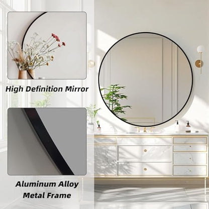 Round Black Mirror 24 Inch, Matte Black Metal Frame, Circle Mirror