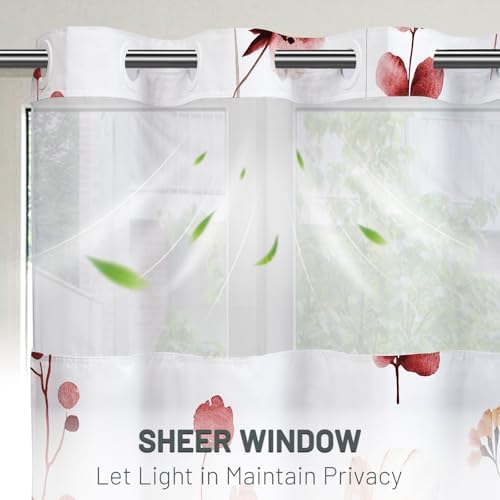 WITHLOC No Hook Floral Shower Curtain with Liner, Red, 71x74