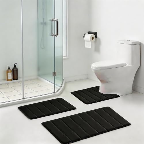 Bathroom Rugs Set Memory Foam Bath Rugs Non-Slip Bath Mat Set 3 Piece,Washable Bathroom Mats,Absorbent Shaggy Rugs Super Soft U-Shaped Toilet Rug,Bahroom Carpets for Bathroom,Tub,Shower（Black）