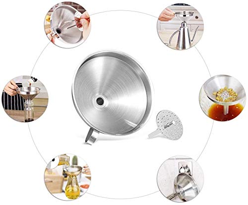 Kitchen Funnel, 3 Piece Stainless Steel Funnels Set with Handle Design and Removable Strainer, Great for Transferring of Liquid, Fluid, Dry Ingredients & Powder, Funnels for Filling Bottles