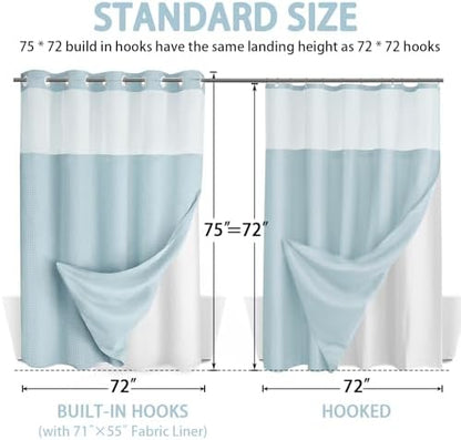 No Hook Shower Curtain with Liner Set Hotel Waffle Curtain Aqua 72W X 75L