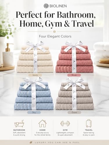 BIOLINEN Ivory 6 Piece Towel Set, 2 Bath Towels 2 Hand Towels 2 Washcloths, 100% Cotton Soft Absorbent Towel Sets for Bathroom Home Gym Spa Travel