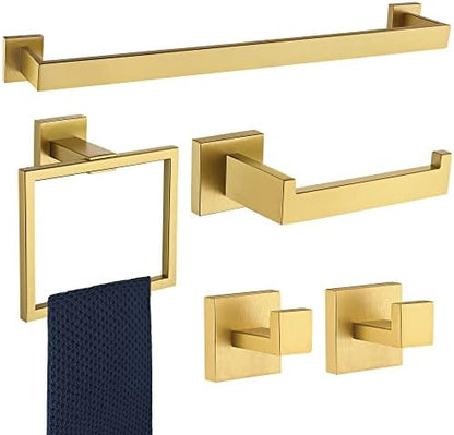 5 Pieces Bathroom Hardware Accessories Set Brushed Gold, 24Inch Bathroom Towel Rack Set SUS304 Stainless Steel, Square Bath Towel bar Set Wall Mounted, Heavy Duty
