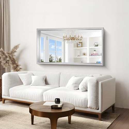 30x55 Silver Bathroom Mirror, Brushed Silver Rectangular Mirror for Wall, 0.6" Thickened Deep Frame Mirrors for Bathroom Sink, Shatterproof Tempered Glass, Antirust, Horizontally or Vertically