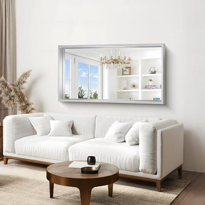 30x55 Silver Bathroom Mirror, Brushed Silver Rectangular Mirror for Wall, 0.6" Thickened Deep Frame Mirrors for Bathroom Sink, Shatterproof Tempered Glass, Antirust, Horizontally or Vertically