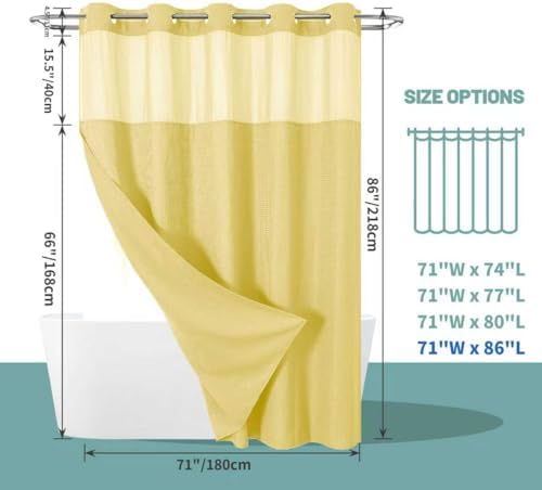 eachope No Hook Long Waffle Shower Curtain, Snap-in Liner, 71x86 in, Yellow