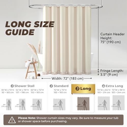 Linen Shower Curtain Boho Beige Shower Curtain with Tassels 72"W x 78"L