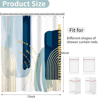 deFouliao Boho Shower Curtain, Mid Century Modern Blue Waterproof Shower Curtain for Bathroom Bathtub Home Curtain Decor with Hooks, 72Wx84L