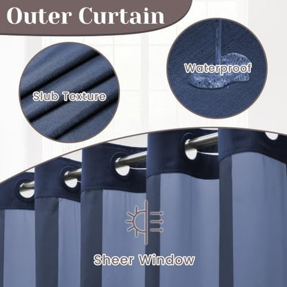 SORTTO No Hook Slub Shower Curtain with Liner, 71x74, Navy