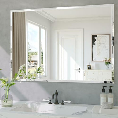Frameless Bathroom Mirror, 40" x 28" Beveled Wall Mirror