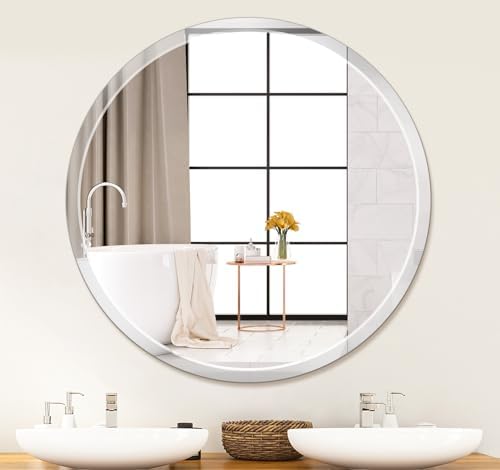Round Frameless Wall Mirror, 30 Inch, HD Float Glass, Beveled Edge