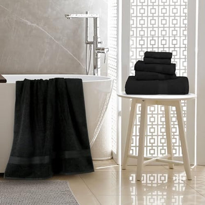 Amazon Basics 6-Piece Highly Absorbent Fade-Resistant Towel Set, 100% Cotton Towels for Bathroom, Soft, 2 Bath Towels, 2 Hand Towels, 2 Washcloths, Black