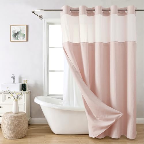 eachope No Hook Linen Texture Shower Curtain with Snap-in Liner,71x80 Blush