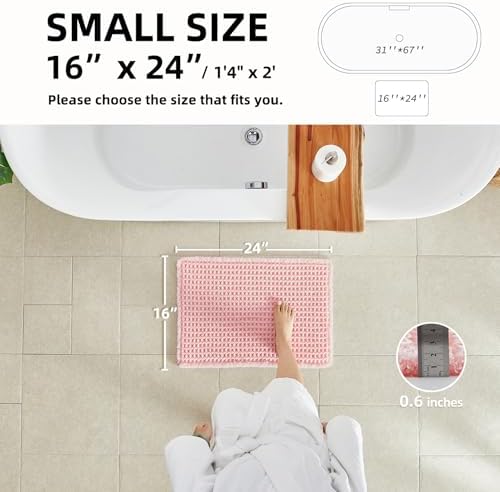 TYUU Waffle Bath Mat, Small Cute Bathroom Rug, 24x16 Light Peachy Pink
