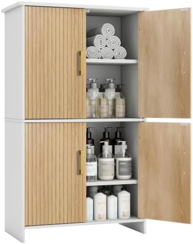 Bathroom Storage Cabinet, Floor Cabinet with 4 Fluted Doors and 2 Adjustable Shelves Wooden Tall Freestanding Organizers and Storage,White