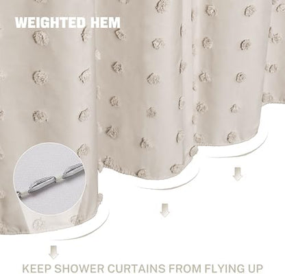 Extra Long Boho Farmhouse Shower Curtain Woven Fabric 84 Inch Natural Shower Curtain, 72 x 84 Tufted Pleat Floral Puffs Textured Modern Minimalist Shower Curtain Set with Hooks for Bathroom