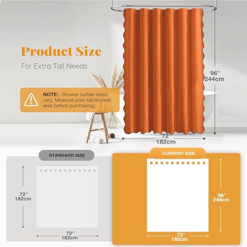 BTTN 72x96 Boho Scalloped Linen Textured Shower Curtain Set, Burnt Orange