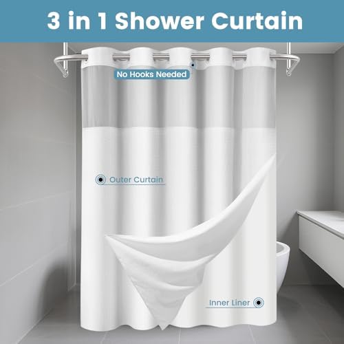 SORTTO No Hook Waffle Shower Curtain with Snap in Liner Set, 36x74, White