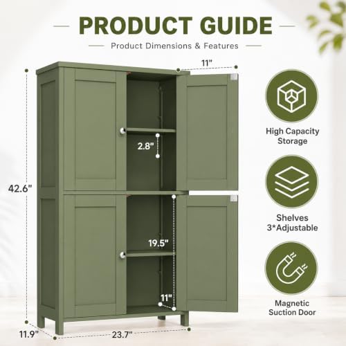 Nuturelly Bathroom Floor Storage Cabinet, 4 Doors, Anti-Tip, Pale Green