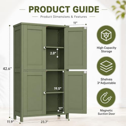 Nuturelly Bathroom Floor Storage Cabinet, 4 Doors, Anti-Tip, Pale Green