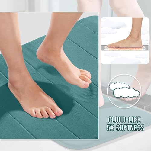 Yimobra Teal Bath Mat, Super Soft Absorbent Memory Foam Bathroom Rug Non Slip, Quick Dry, Machine Washable Floor Carpet for Tub Shower, Home Decor Accessories, 24x17