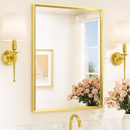 TETOTE Brushed Gold Mirror for Bathroom Sink 24" x 32" Beveled Frame Brushed Brass Gold Vanity Rectangle Mirror for Bathroom Wall, Modern Farmhouse, Tempered Glass, Stronger Frame
