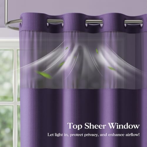 Dynamene Purple Hook Free Waffle Shower Curtain & Snap Fabric Liner,72x75