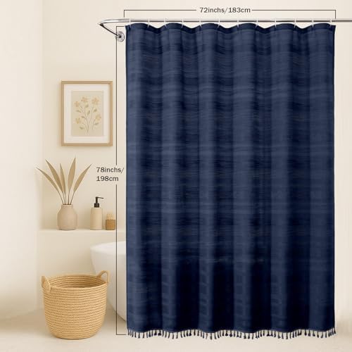 OVZME Navy Blue Shower Curtain 78 Inch Long, Boho Farmhouse Thick Linen Textured Fabric Shower Curtain with Tassel, Minimalist Striped Weighted Machine Washable Bathroom Decor, 72Wx78L Inches
