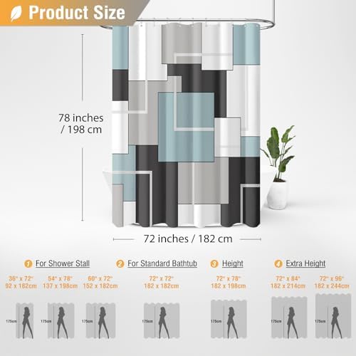 BTTN 72x78 Long Modern Geometric Waterproof Fabric Shower Curtain, Fog Blue