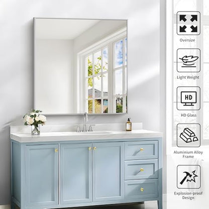 COFENY Silver Bathroom Mirror for Wall, 30x30 Inch Square Mirrors with Metal Frame, Modern Vanity Wall Mirror Decor for Bathroom Sink, Living Room, Entryway Hangs Horizontal or Vertical