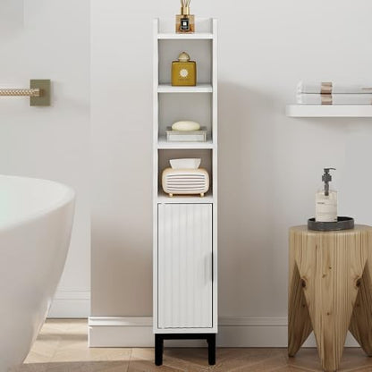 FerniTry Small Bathroom Storage Cabinet, Corner Floor Cabinet with Door and Shelves, Narrow Toilet Paper Cabinet, Bathroom Organizer with Adjustable Shelf for Small Spaces, White, 5-Tier
