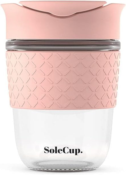 Reusable Strengthened Glass Travel Cup - Spill Proof Coffee Mug - 12oz/340ml BPA-Free Hot Drink Travel Mug with Lid & Silicone Band (Pink, 12oz)