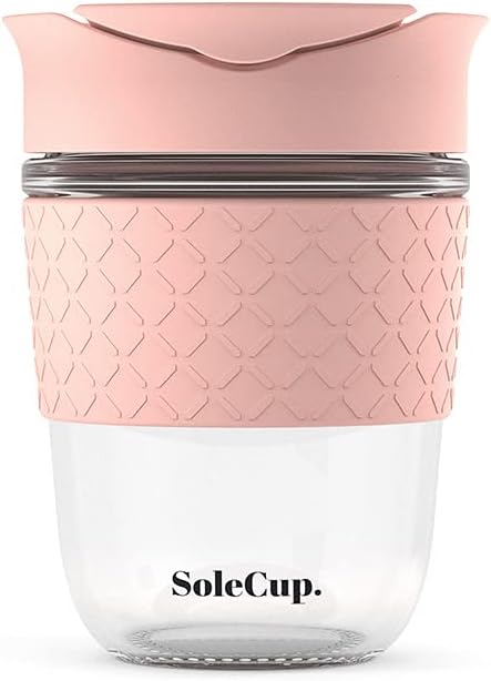Reusable Strengthened Glass Travel Cup - Spill Proof Coffee Mug - 12oz/340ml BPA-Free Hot Drink Travel Mug with Lid & Silicone Band (Pink, 12oz)
