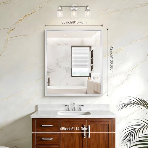 Bathroom Mirror, 42 x 36 Inch Brushed Silver Rectangle Mirror, 0.6" Thickened Deep Metal Frame Rectangular Vanity Mirror, Wall Mounted Mirror for Bedroom Living Room, Horizontal or Vertical