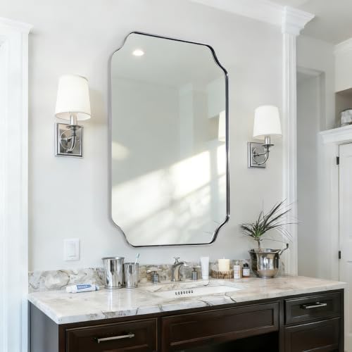 ANDY STAR Chrome Scalloped Mirror, 24x40 Inch Polished Silver Rectangle Mirror, Modern Bathroom Vanity Mirror with Rust-Proof Stainless Steel 1" Frame, Hangs Vertically/Horizontally