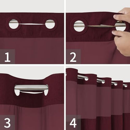 eachope No Hook Fabric Shower Curtain with Snap-in Liner,71x86 Burgundy